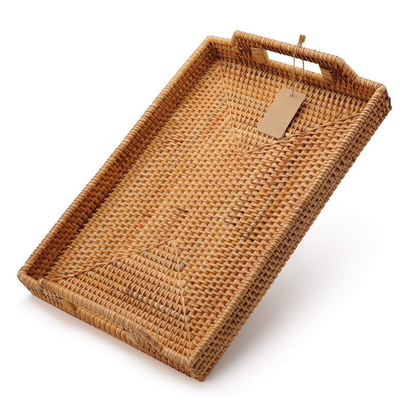 DECRAFTS Hand-Woven Rattan Rectangular Serving Tray with Handles for Breakfast, Drinks, Snack for Coffee Table (17x11.4x1.8inches) - Image 2